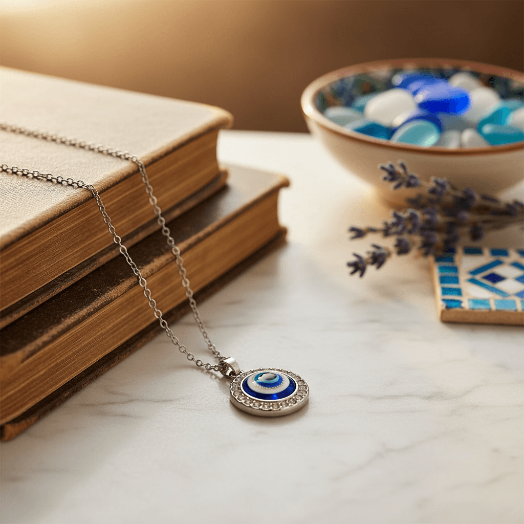 Corrente Cordão Pingente Olho Grego Prateado