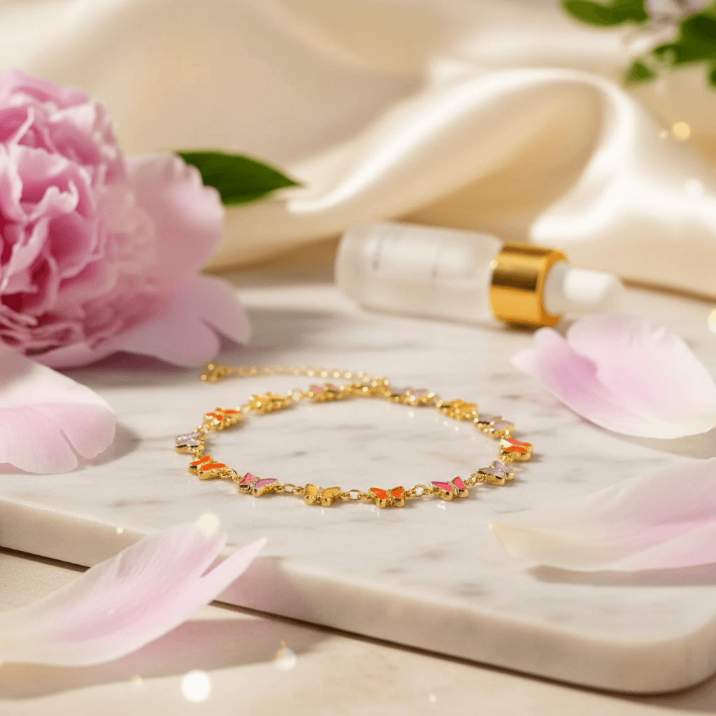  Pulseira Borboletinhas Cristal Coloridas Folheado a Ouro 18K 