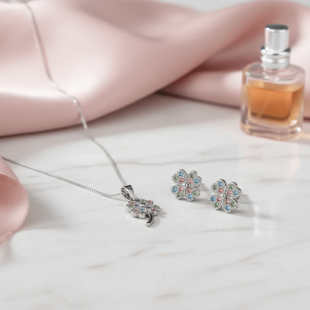 CONJUNTO COLAR FLOR ZIRCONIA COLORIDA