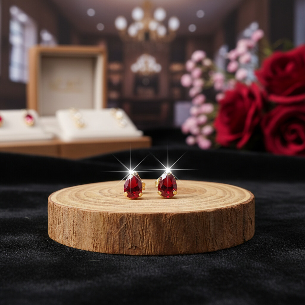 Brinco Gota Rubi Dourado