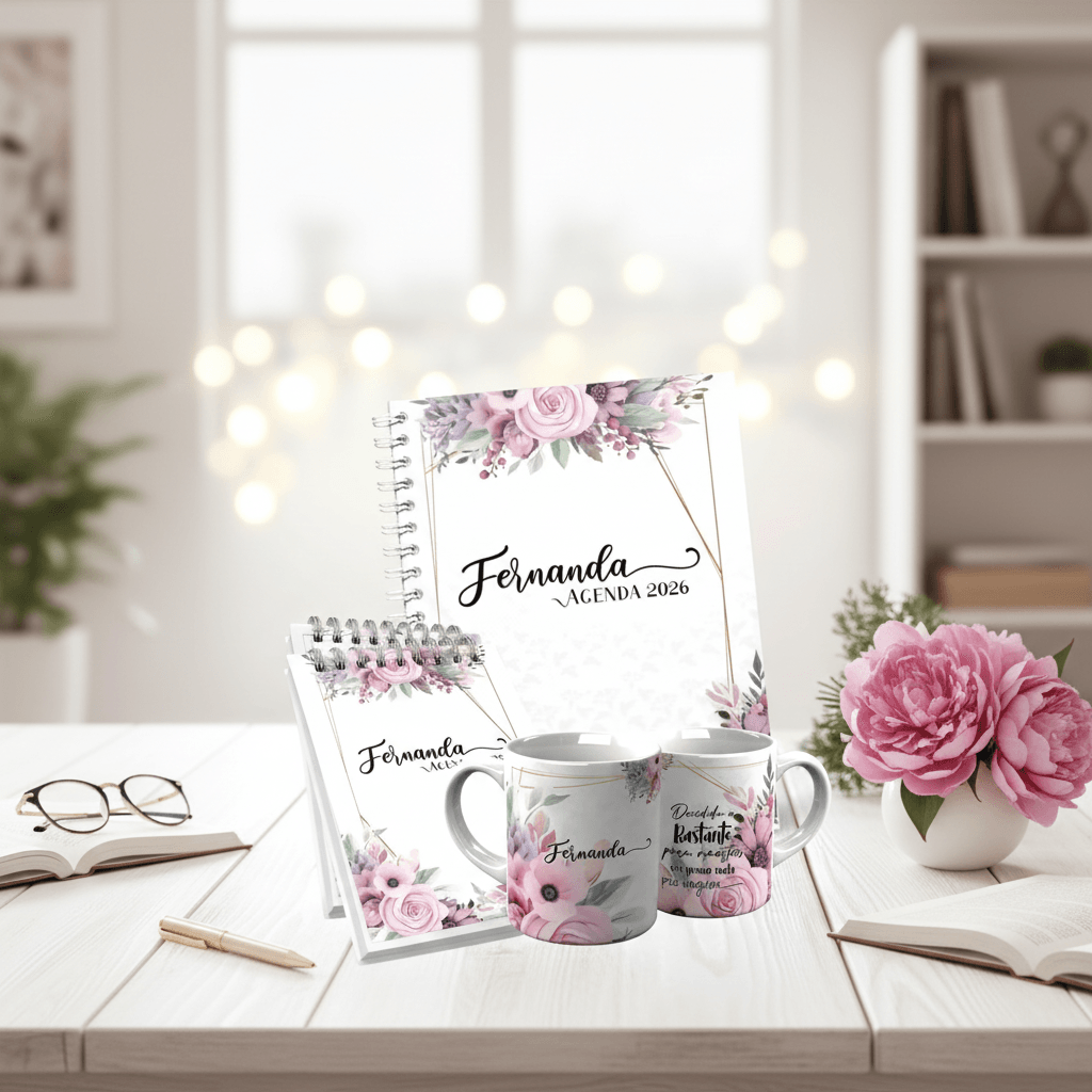 Combo Agenda, bloco e caneca floral