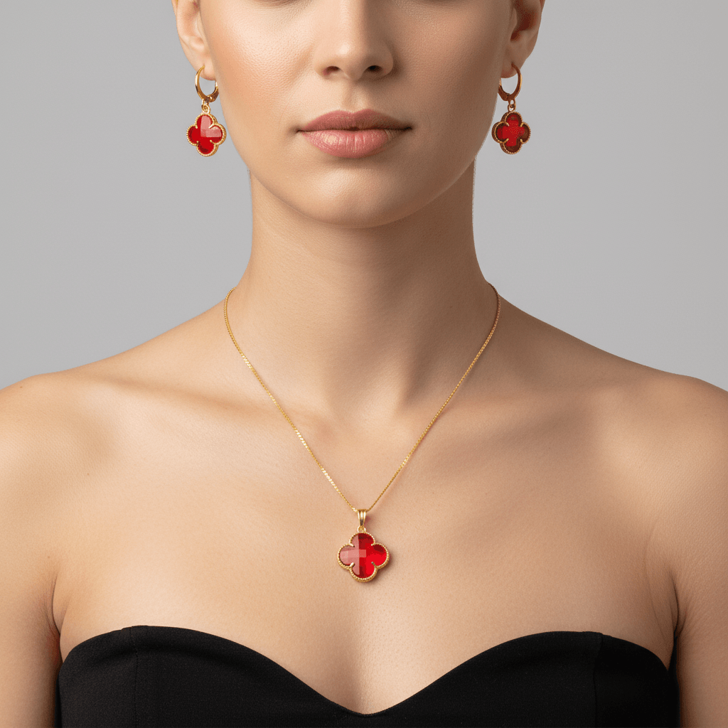 Kit Trevo Brinco e Colar Vermelho Folheado a Ouro 18k