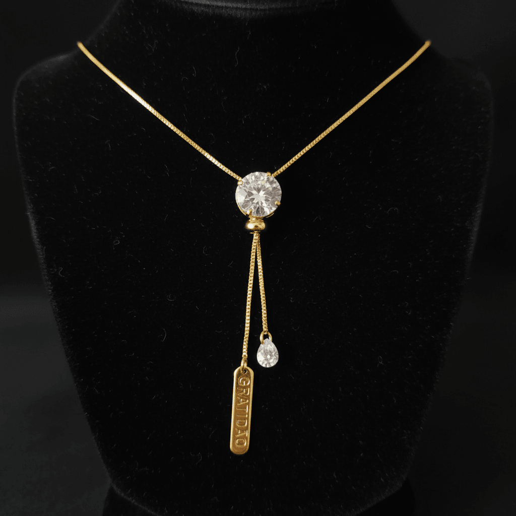 Colar Gravatinha Plaquinha Gratidão Folheado Ouro 18k