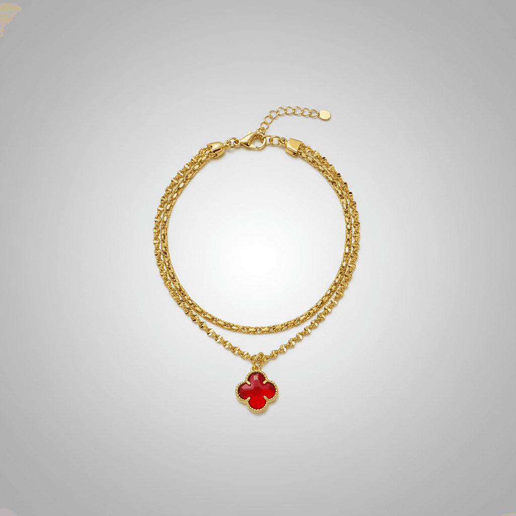 Pulseira Dupla Trevo Vermelho Folheado Ouro 18k