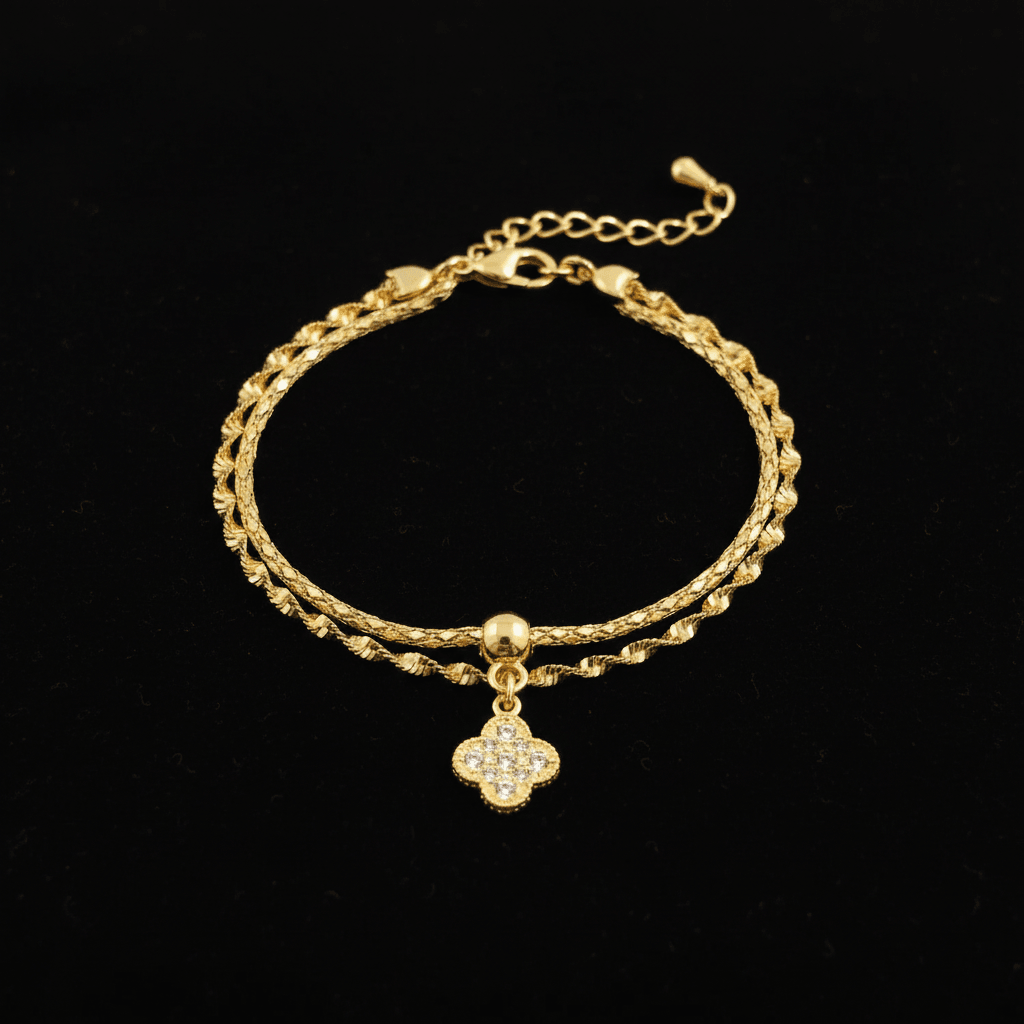 Pulseira Dupla Trevo Cristal Folheado Ouro 18k